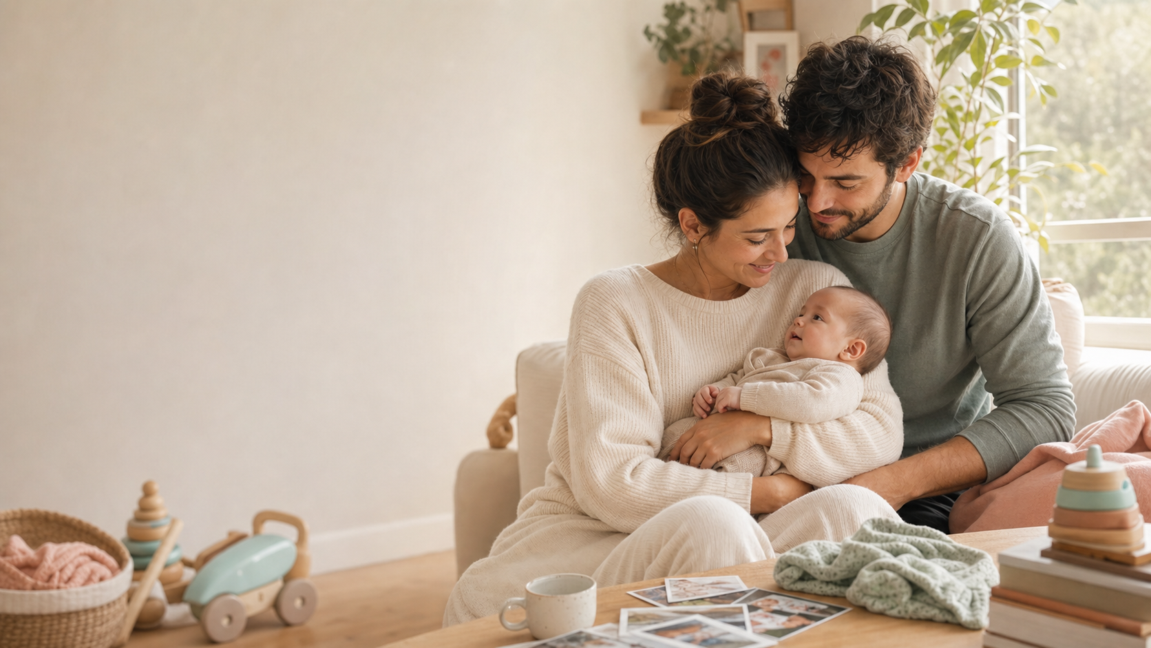 Madre, padre y bebé en un momento familiar cotidiano
