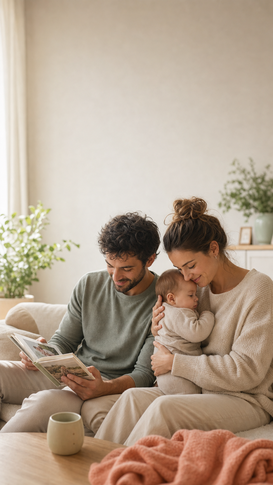 Madre, padre y bebé compartiendo un álbum familiar