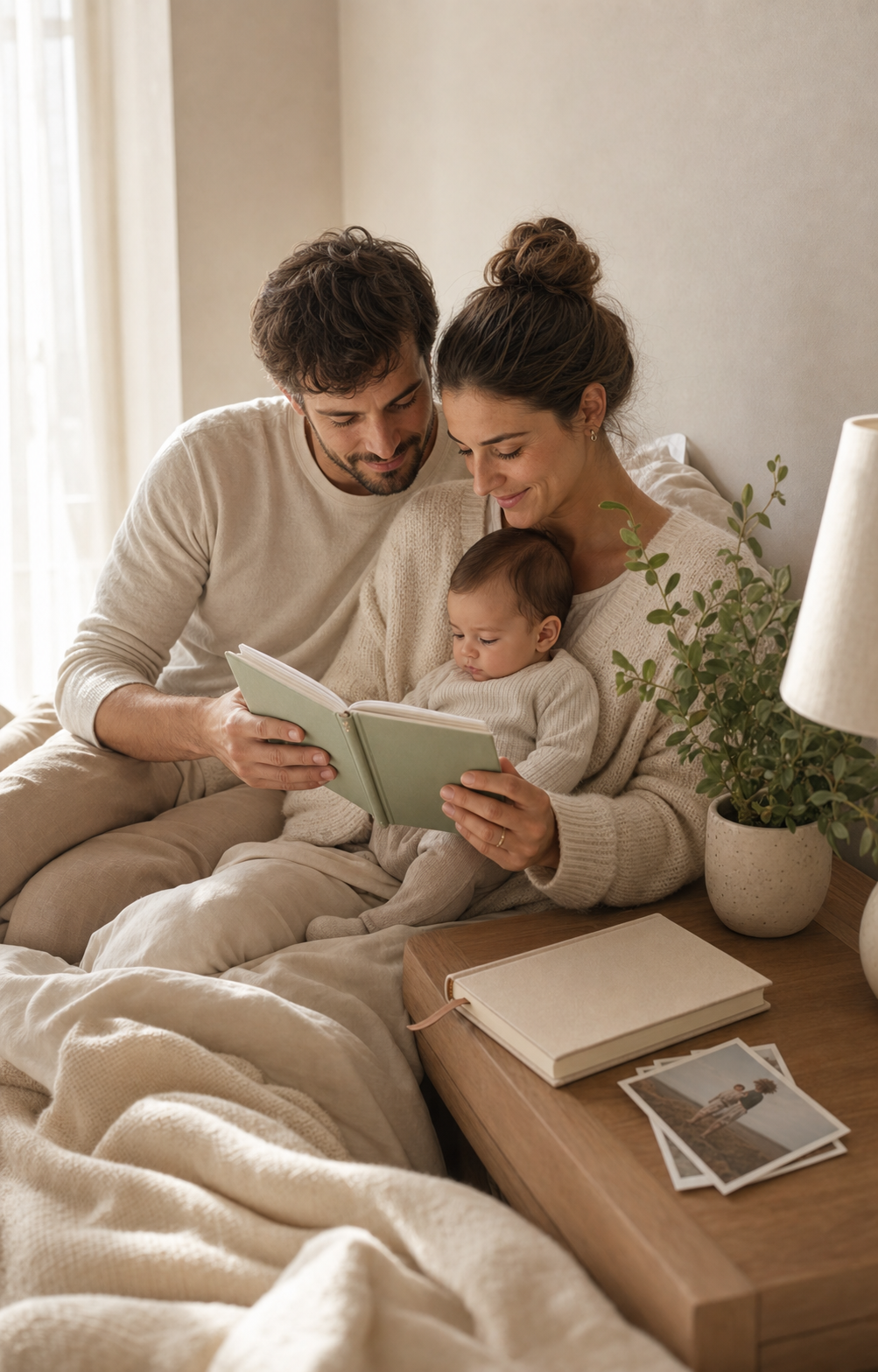Familia mirando un álbum privado en casa