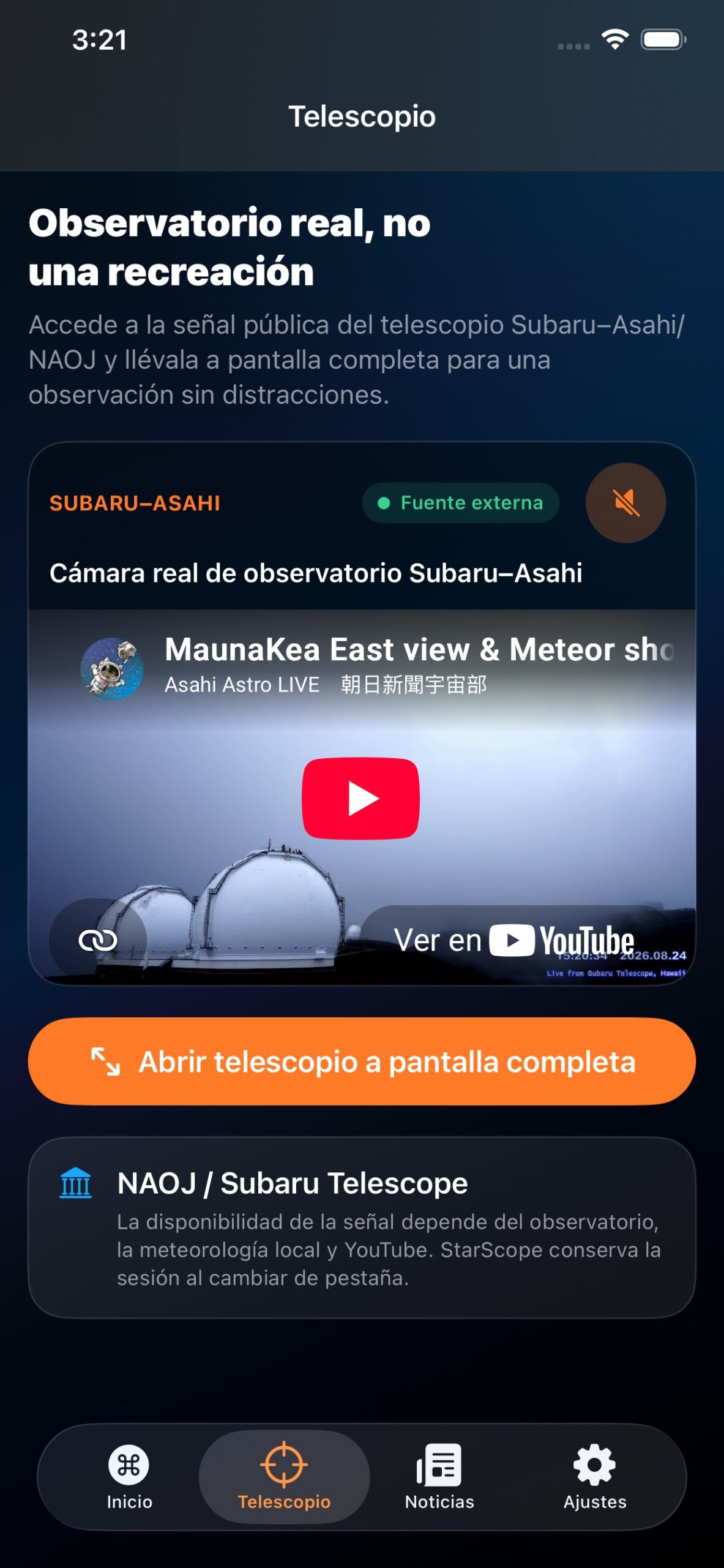 Telescopio real Subaru–Asahi en StarScope